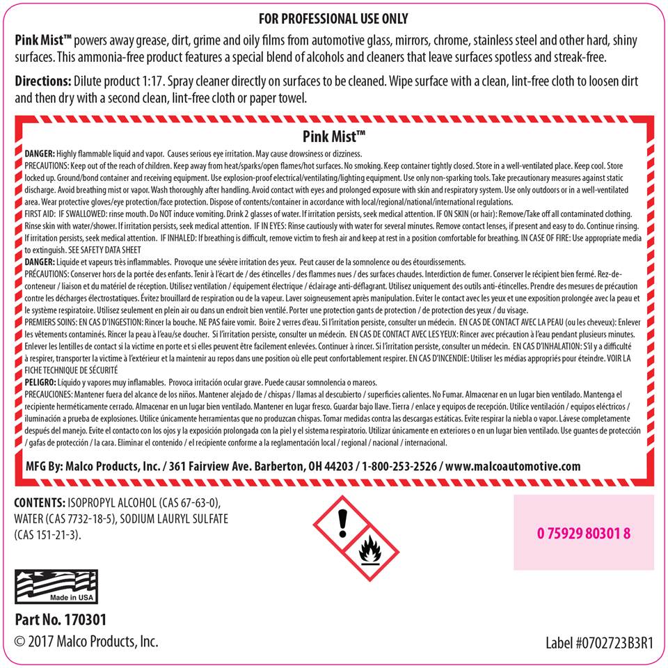 Malco Automotive Pink Mist™ Concentrated Glass Cleaner